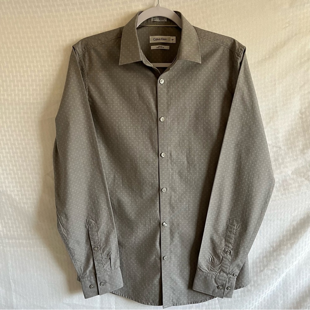 Calvin Klein Slim Fit Button Up Long Sleeve Shirt Gray Size Small